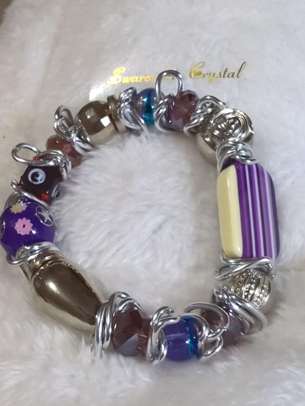 Crystal/Murano Glass Charm Bracelet W/ Links /Swarovski Crystals Amethyst NWOT